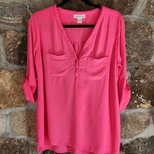 Motherhood Womens Blouse Pink Roll Tab Sleeve Buttons V Neck Top Maternity M